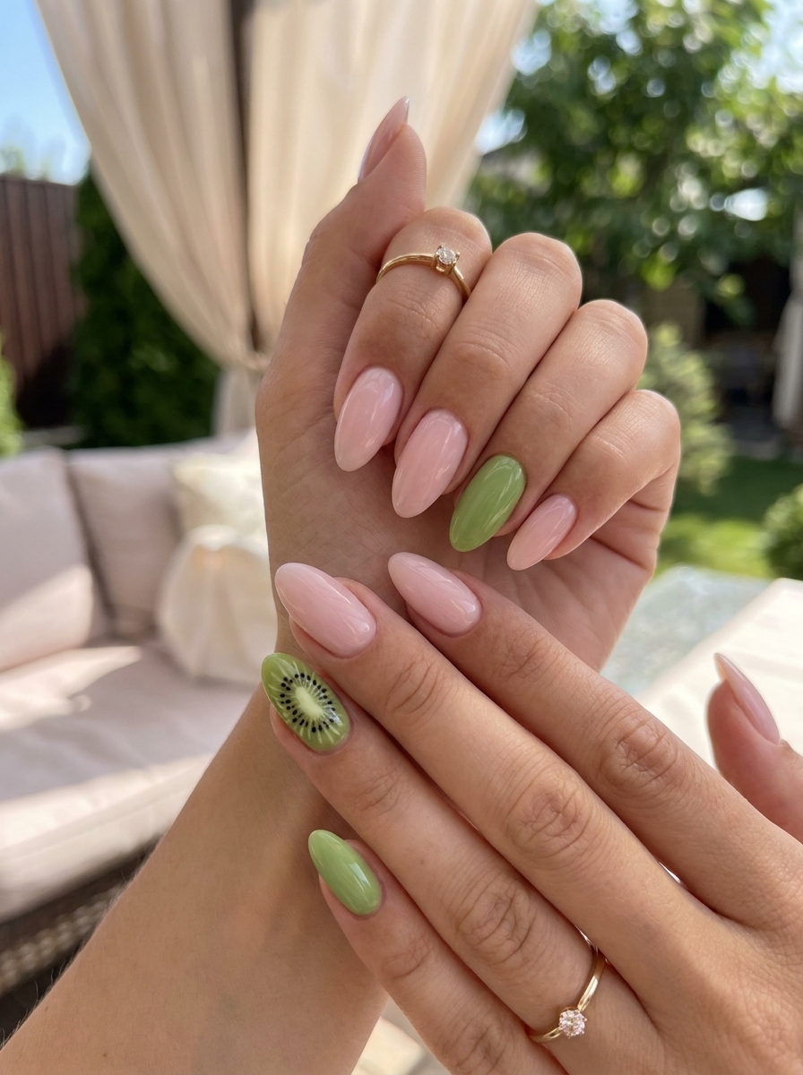 Kiwi Accent Nails mit grünen Kiwi Details